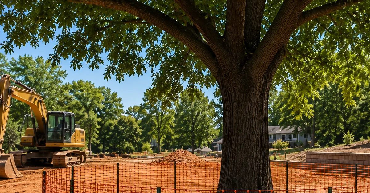 Tree protection fencing installed at the drip line before grading on a Nashville construction site