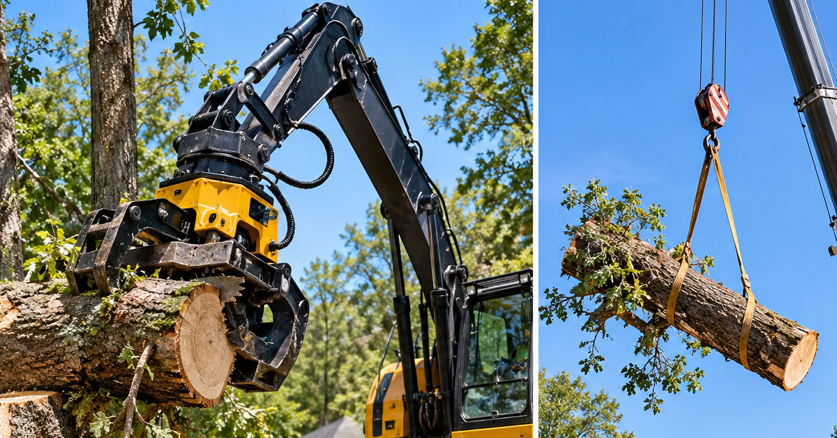 Side-by-side comparison of GrappleSaw and crane equipment for tree removal