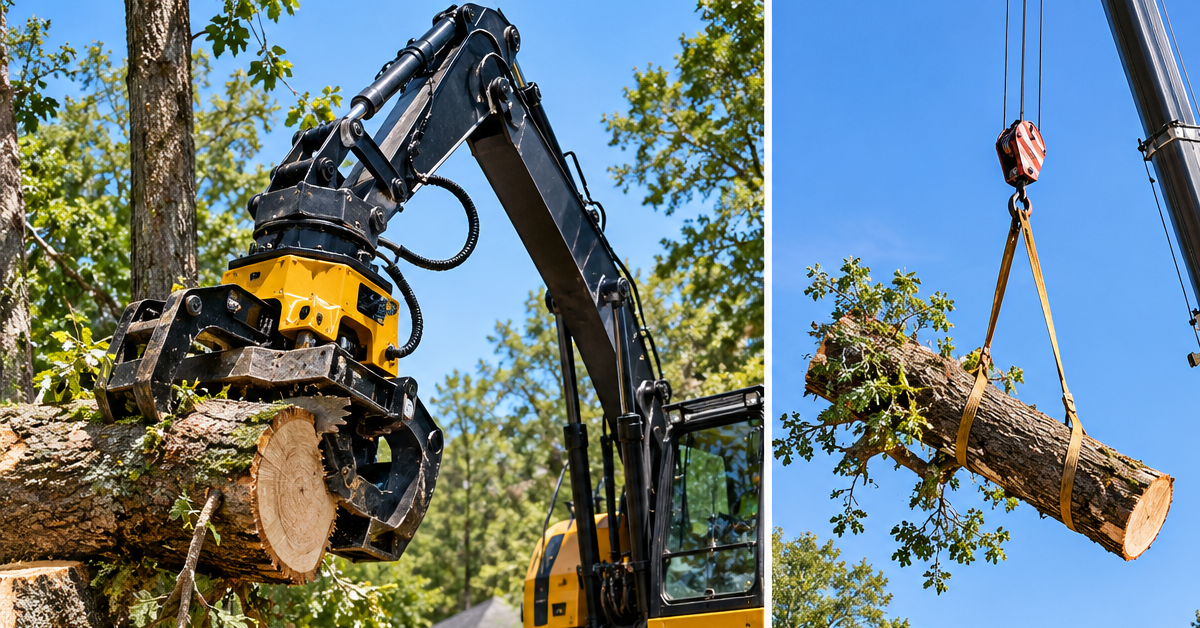 Side-by-side comparison of GrappleSaw and crane equipment for tree removal